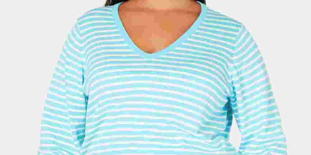 Tommy Hilfiger Women's Plus Cotton Striped V Neck Sweater Blue Size 0X