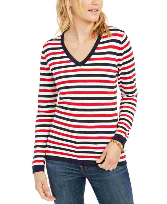 Tommy Hilfiger Women's Cotton Striped V-Neck Sweater Blue Size X-Large