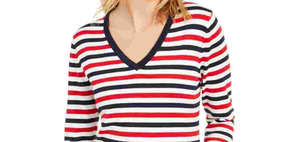 Tommy Hilfiger Women's Cotton Striped V-Neck Sweater Blue Size X-Large