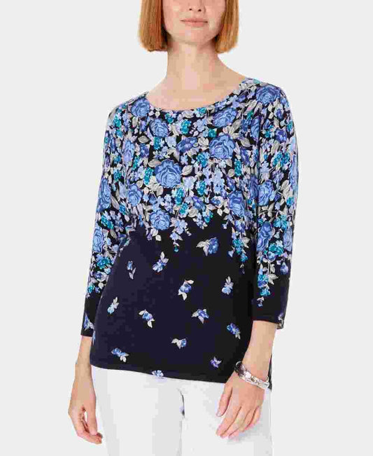 Karen Scott Women's Floral Print Sweater Blue