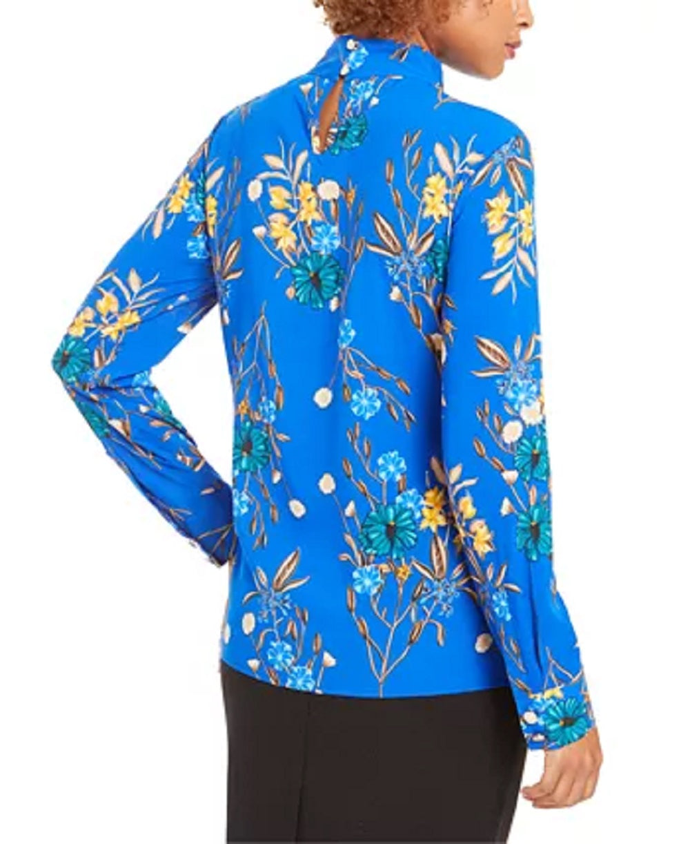 Calvin Klein Women's Floral-Print Mock-Neck Top Blue Size Medium