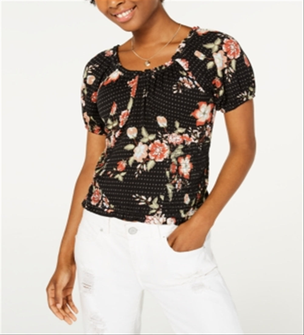 American Rag Women's Floral Pouf Jewel Neck Blouse Evening Top Black