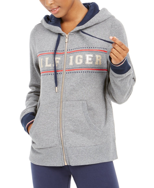 Tommy Hilfiger Women's Sport Zippered Logo Hoodie Gray Size X-Small