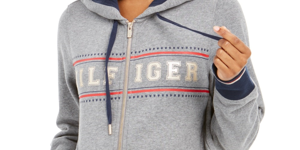 Tommy Hilfiger Women's Sport Zippered Logo Hoodie Gray Size X-Small