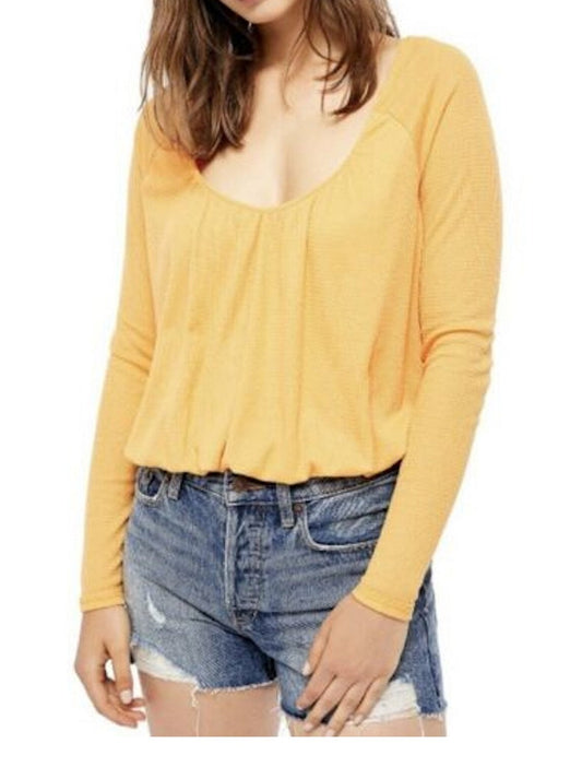 Free People Women's Long Sleeve Keyhole Top Orange Size Medium - Ruumur