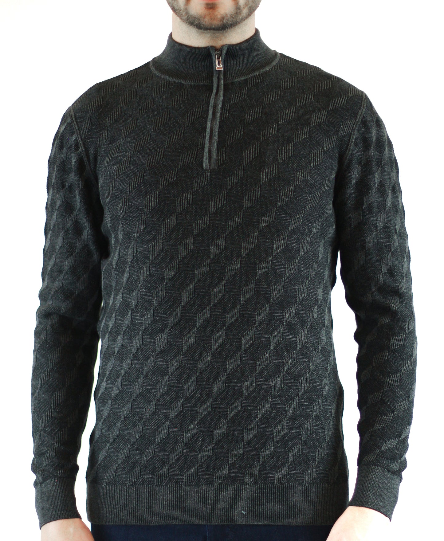 Charcoal Grey and Black Optical Illusion Knit, 3/4 Zip