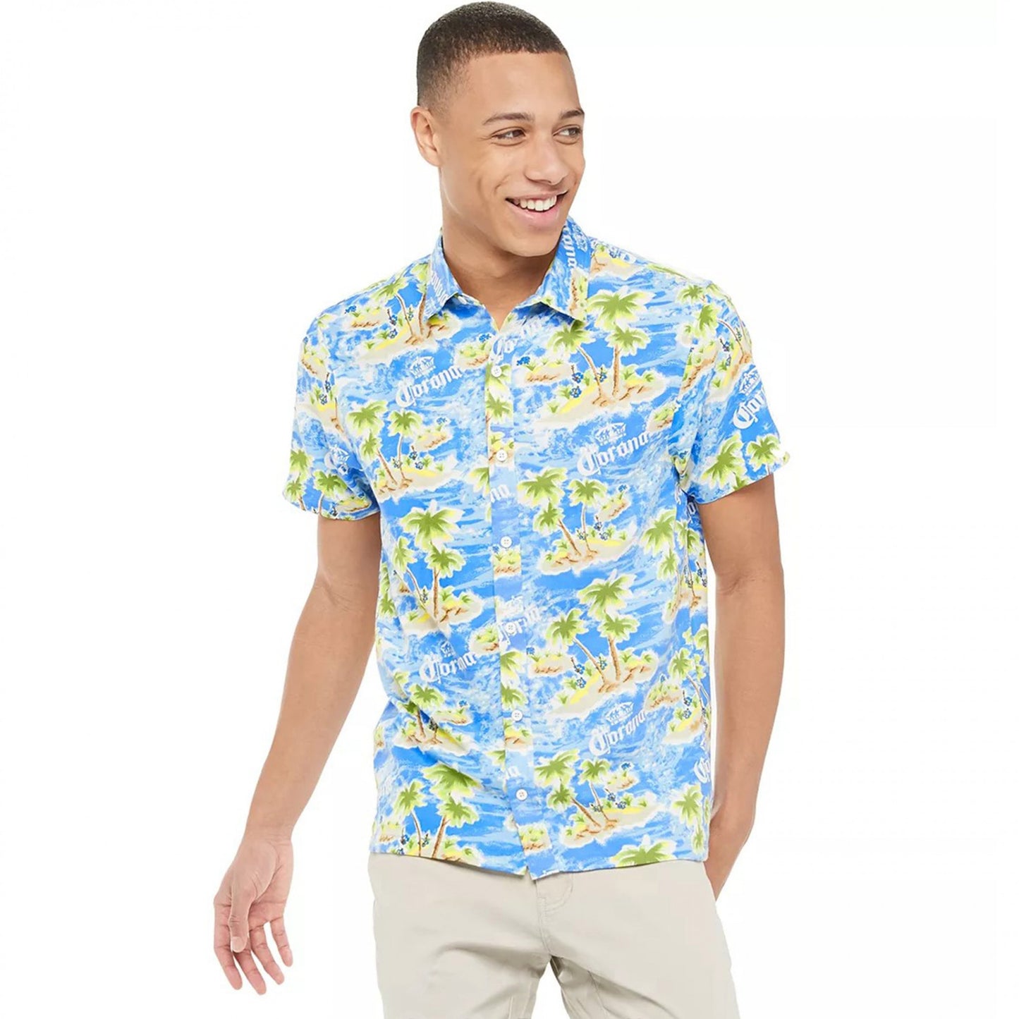 title:Corona Extra Tropical Island Button-Up Hawaiian Shirt;color:Blue