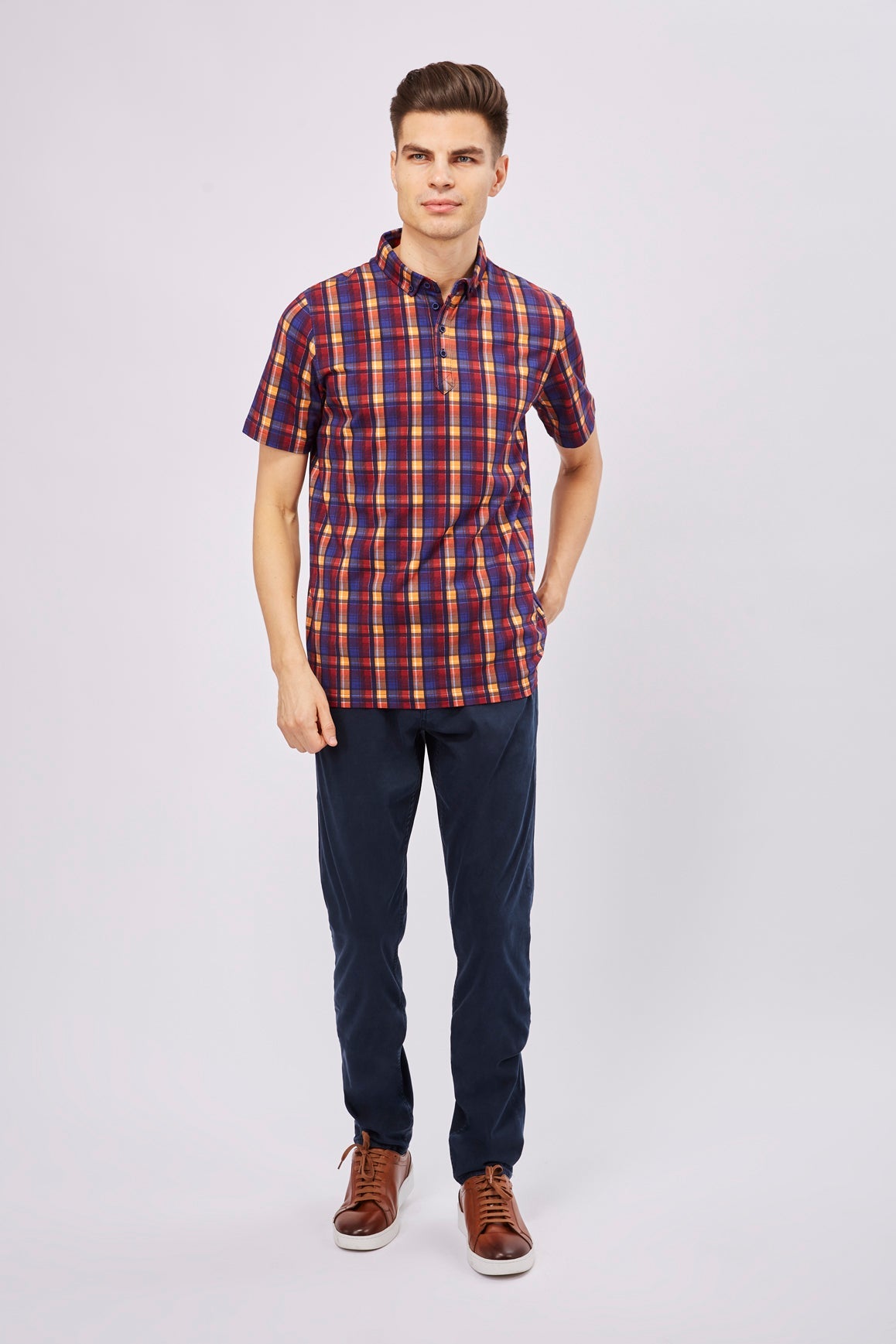 Leo Orange, Blue, and Purple Plaid Polo