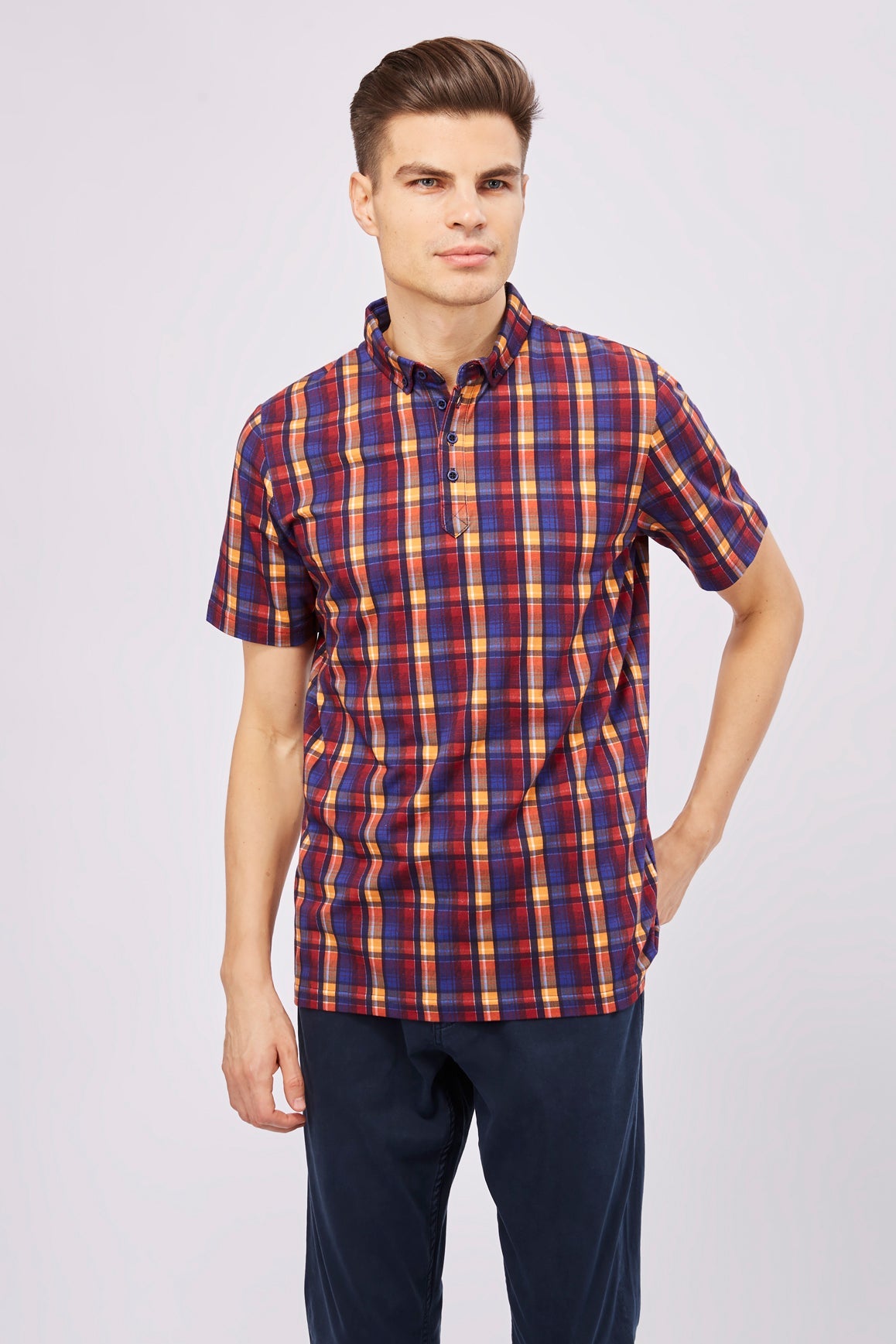 Leo Orange, Blue, and Purple Plaid Polo