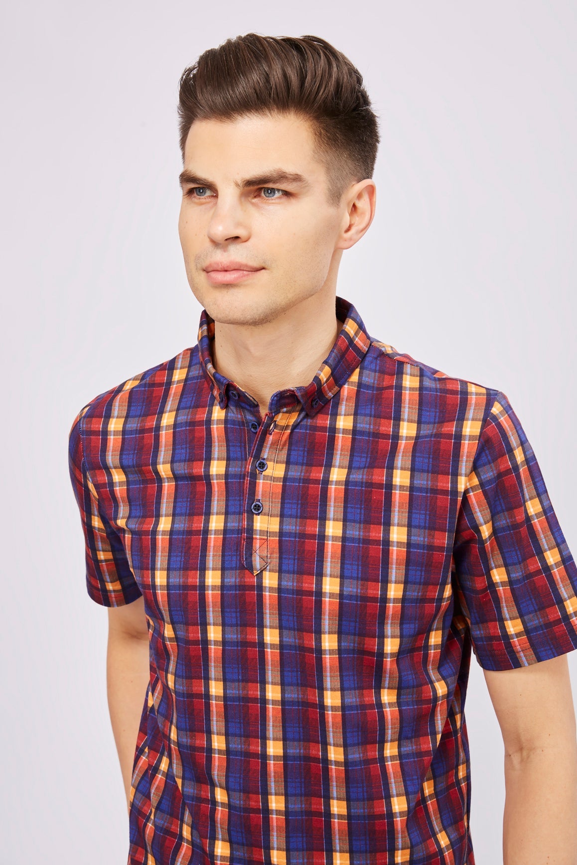 Leo Orange, Blue, and Purple Plaid Polo