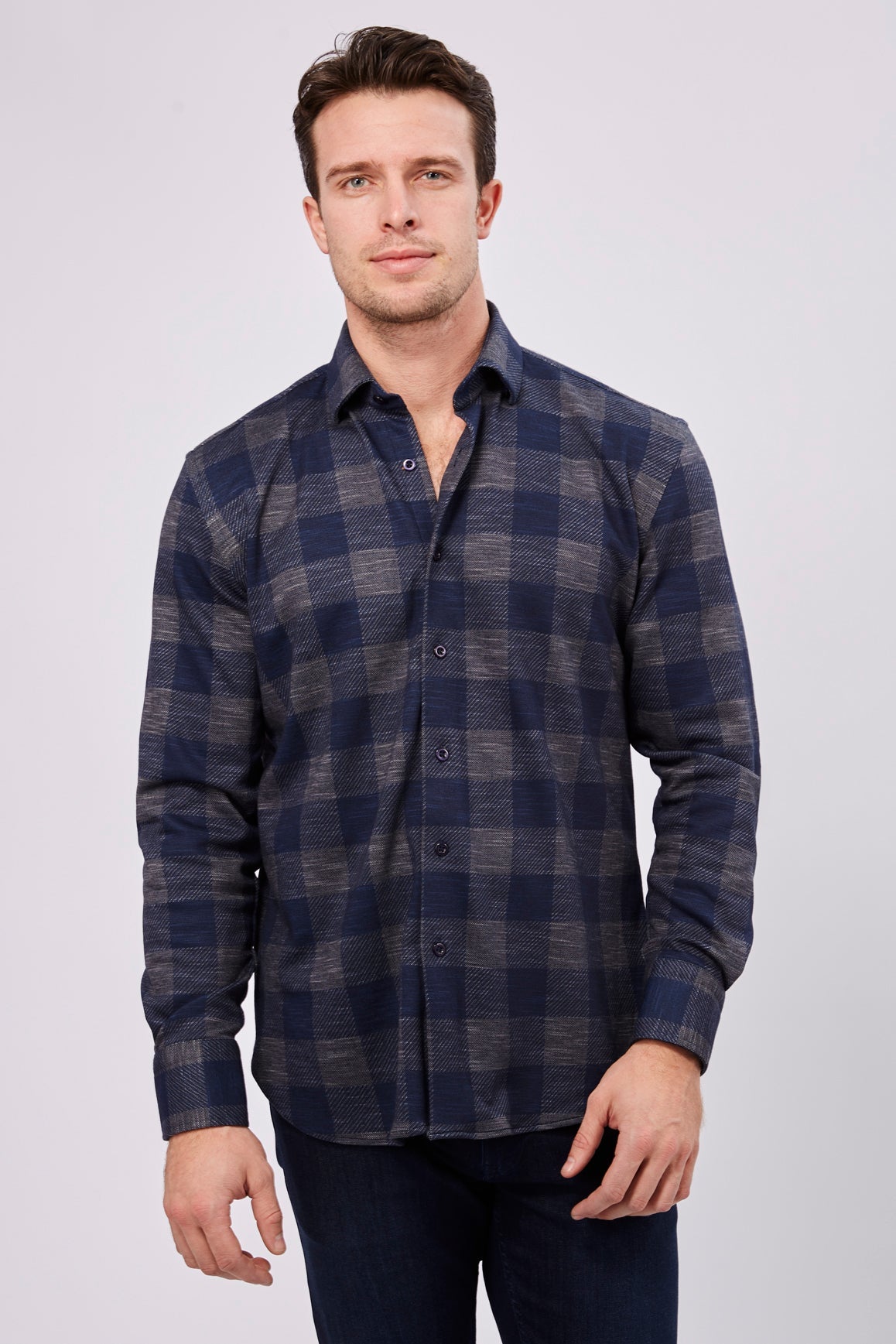 Max Colton Grey Navy Plaid Long Sleeve Shirt (Big & Tall)