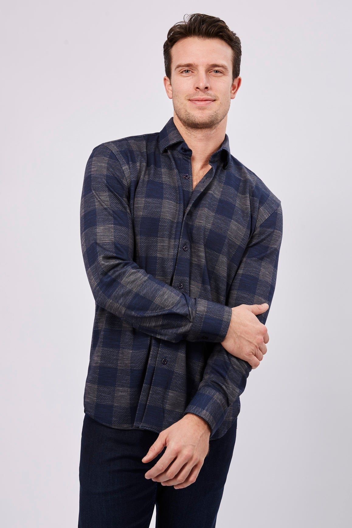 Max Colton Grey Navy Plaid Long Sleeve Shirt (Big & Tall)