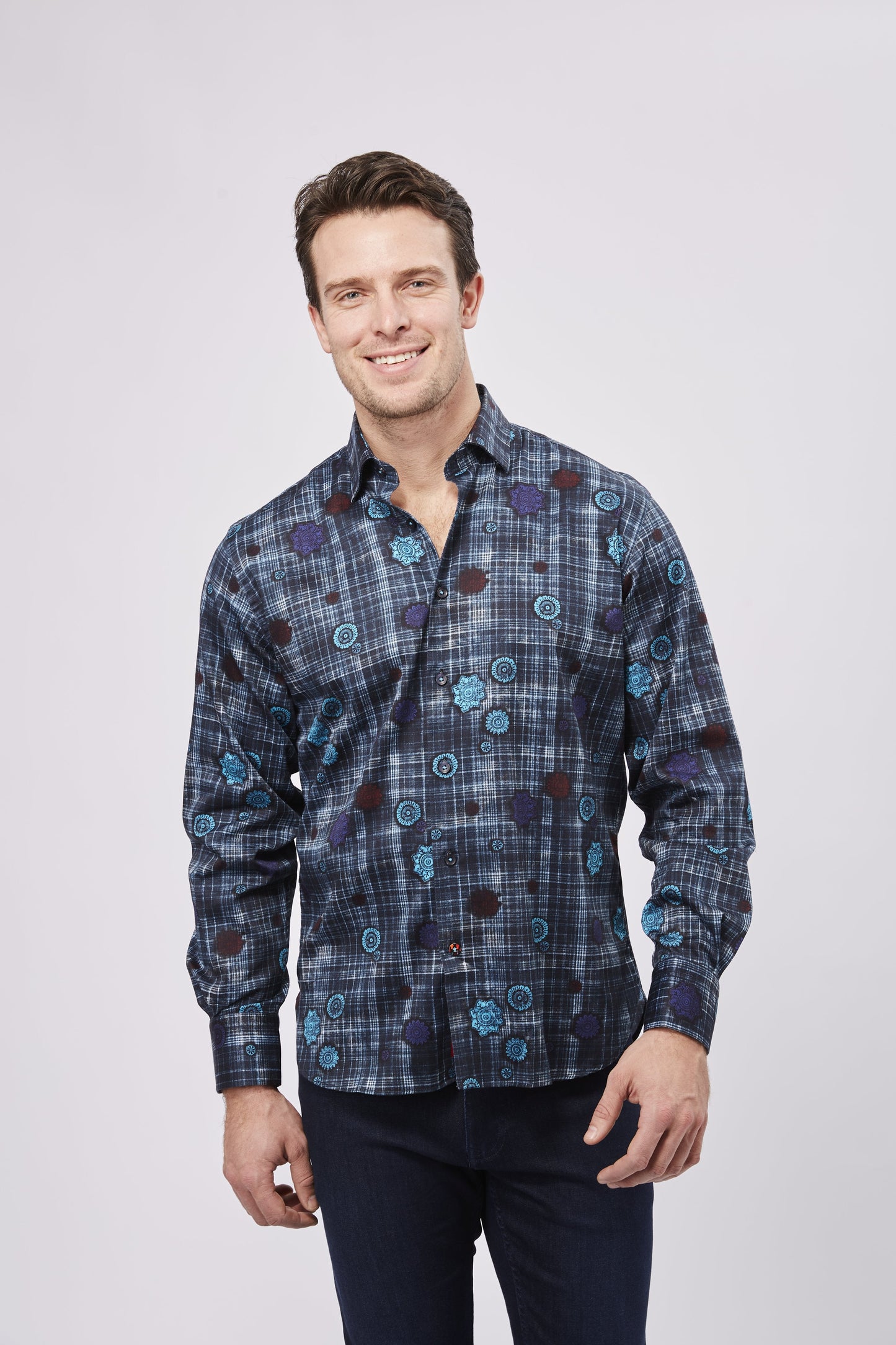 Navy and Black Plaid with Purple and Teal Flowers (Big & Tall)