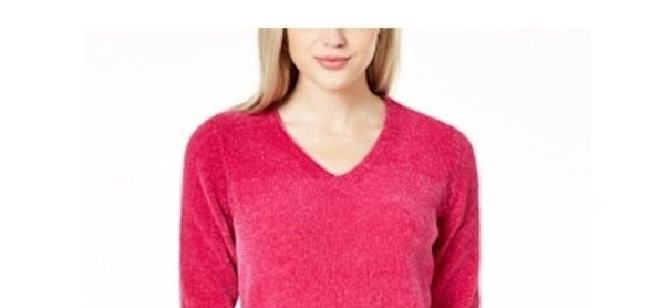 Maison Jules Women's Long Sleeve V Neck Hoodie Sweater Pink Size Medium