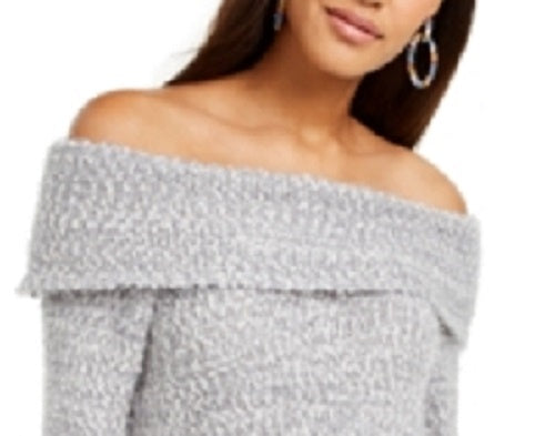 Freshman Juniors' Off-The-Shoulder Fuzzy Sweater Dark Gray Size Medium