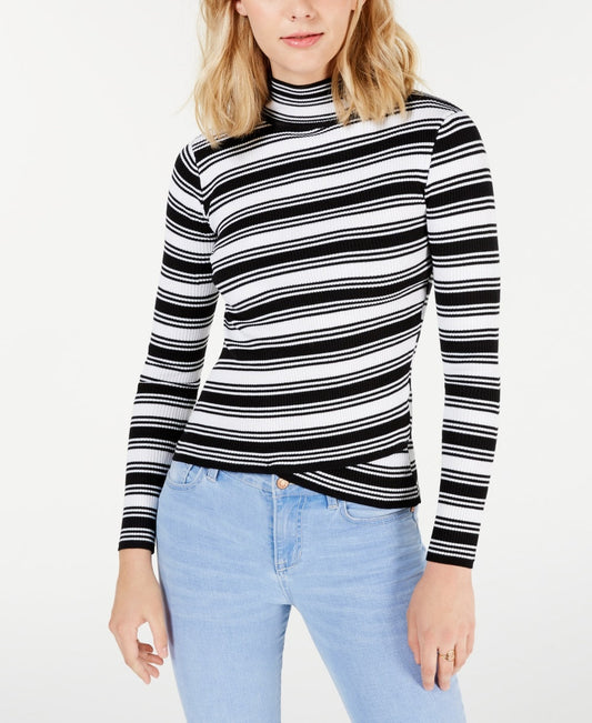 Say What? Junior's Striped Crossover Hem Mock Neck Sweater White Small