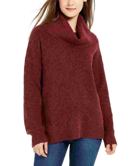 Hippie Rose Women's Burgundy Ribbed Long Sleeve Cowl Neck Sweater Purple Size Large