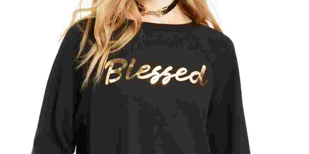 Pretty Rebellious Juniors' Metallic Blessed Graphic Sweatshirt Black Size Small