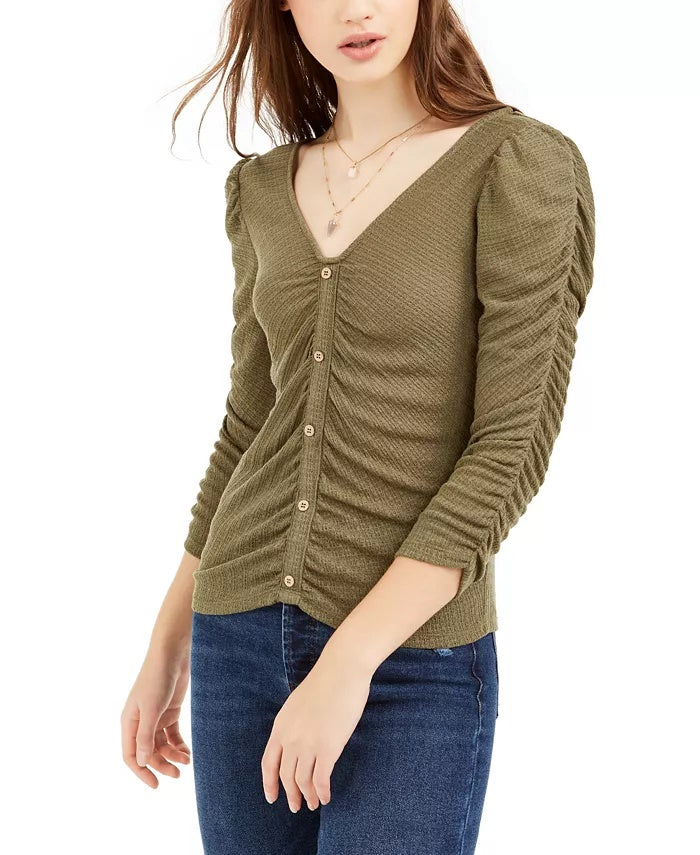 Crave Fame Juniors' Ruched Textured Top Green Size X-Large