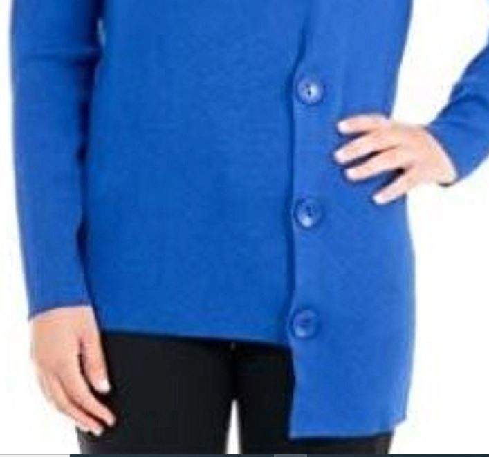 NY Collection Women's Asymmetrical Button Hem Sweater Blue Size Petite Medium