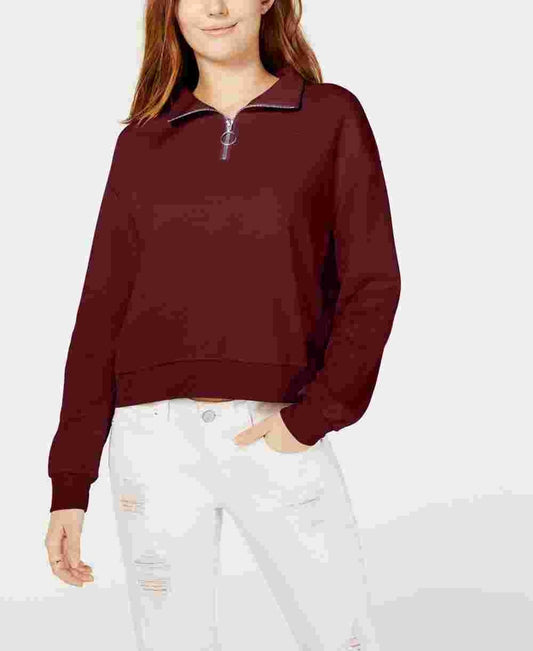 Crave Fame Juniors' Waffle-Knit Quarter-Zip Top Brown Size X-Large