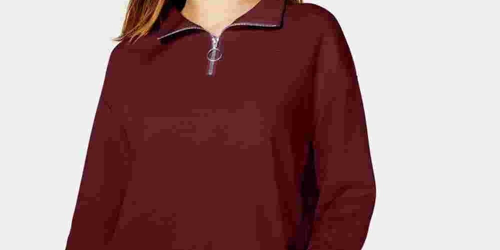 Crave Fame Juniors' Waffle-Knit Quarter-Zip Top Brown Size X-Large