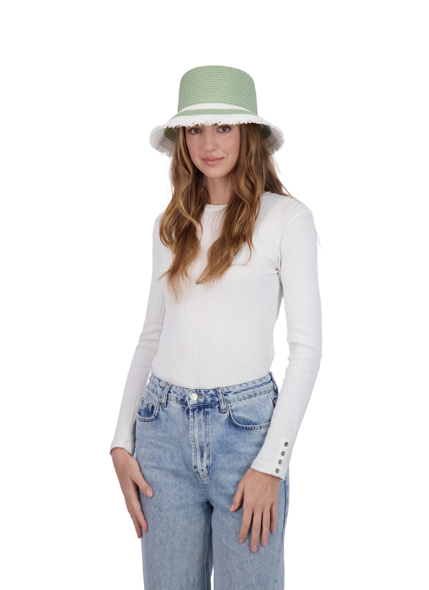 Tahari Women's Color Block Straw Bucket Hat with Fringe