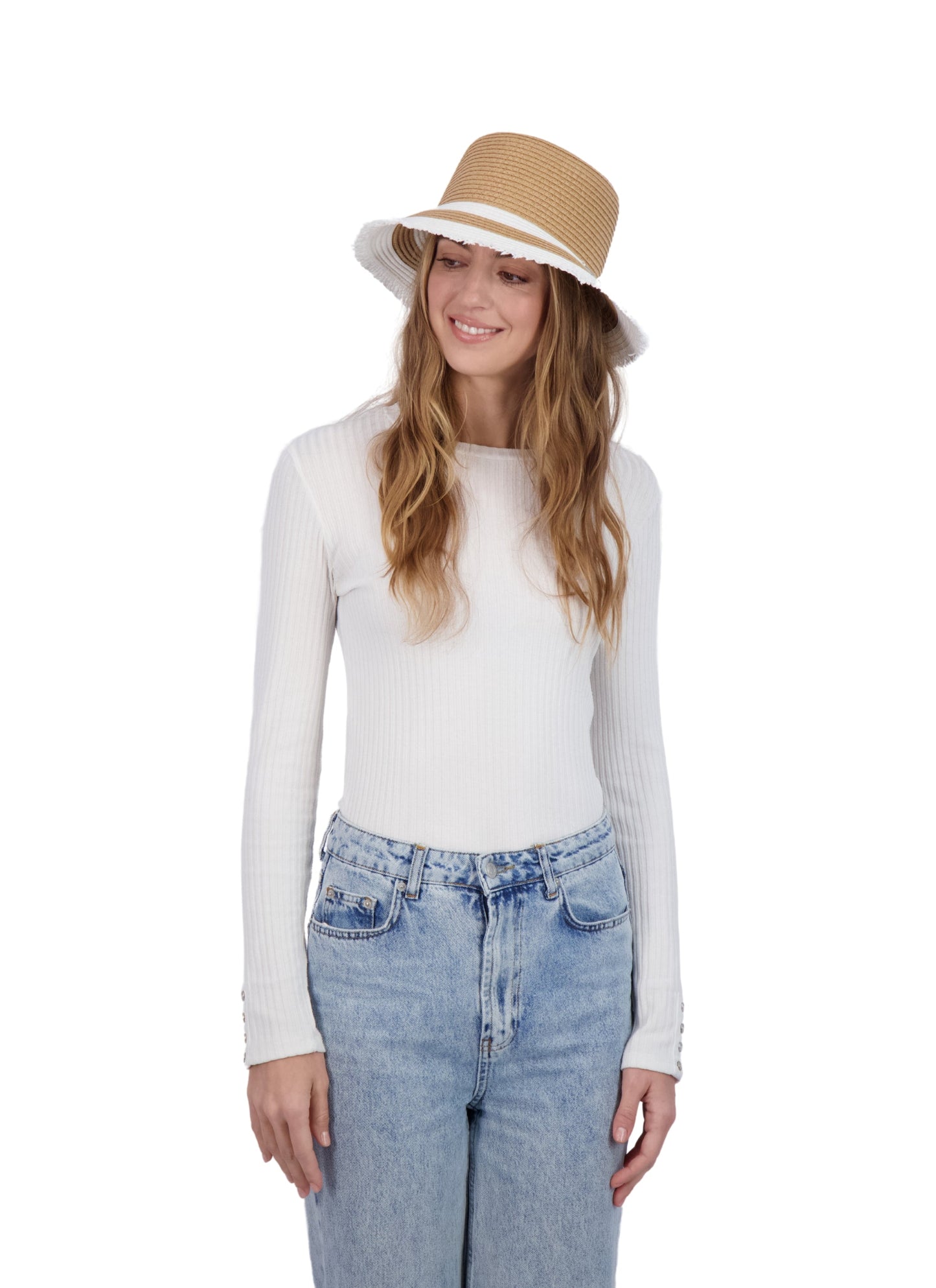 Tahari Women's Color Block Straw Bucket Hat with Fringe