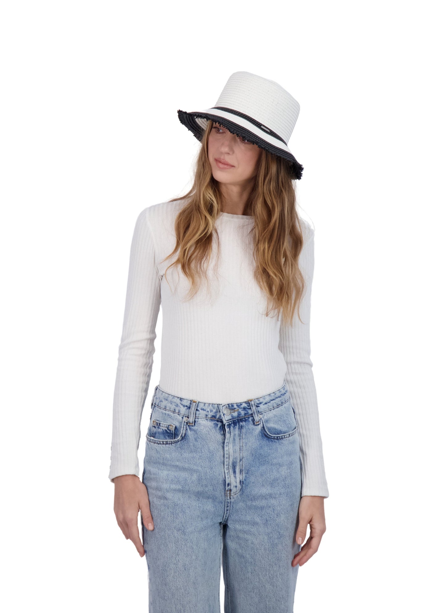 Tahari Women's Color Block Straw Bucket Hat with Fringe