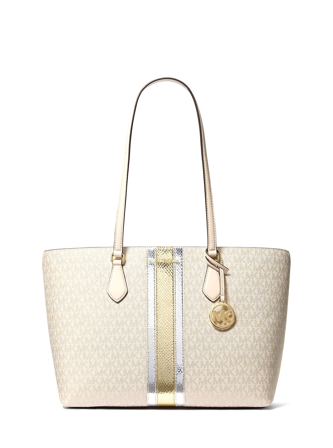 title:Michael Kors Women's 	
Sheila Large Signature Logo and Metallic Tote Bag;color:Pale Gold