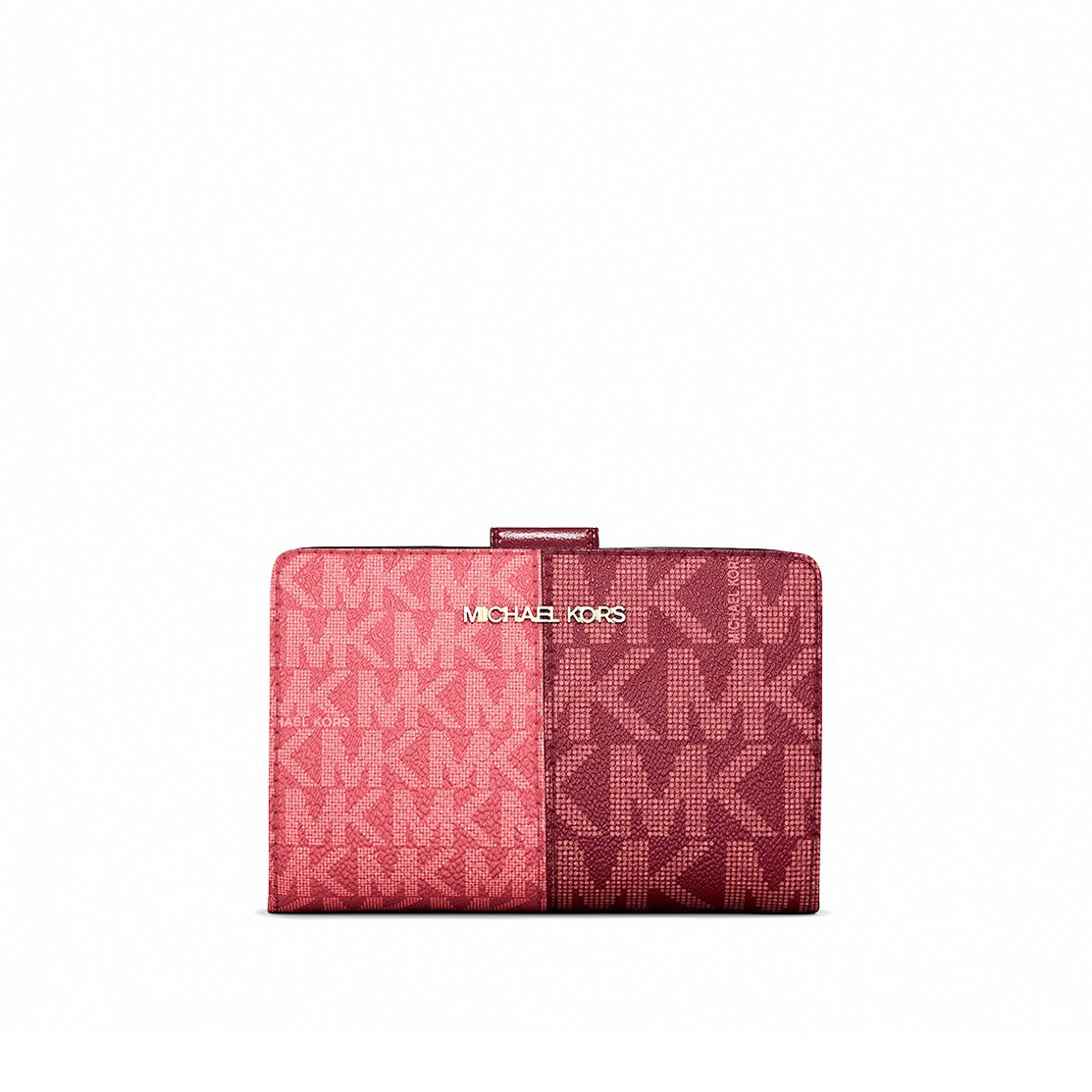 title:Michael Kors Women's Jet Set Travel Medium Bifold Two-Tone Logo Wallet;color:Oxblood Multi