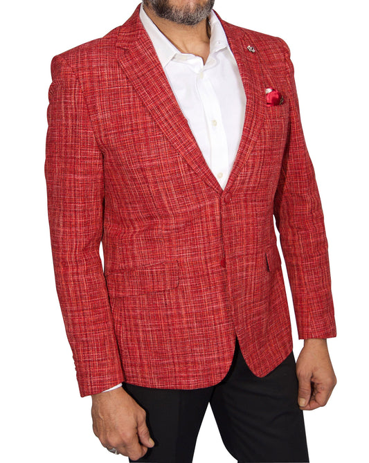 title:ELIE BALLEH Men's Red Textured Single Breasted Blazer;color:RED