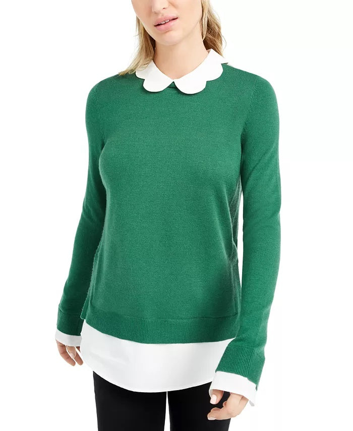 Maison Jules Women's Scalloped-Neck Layered-Look Sweater Green Size Small