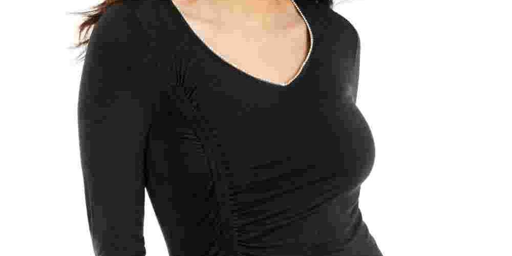 Thalia Sodi Women's Tie Ruffled Solid Long Sleeve V Neck Blouse Evening Top Black Size Small