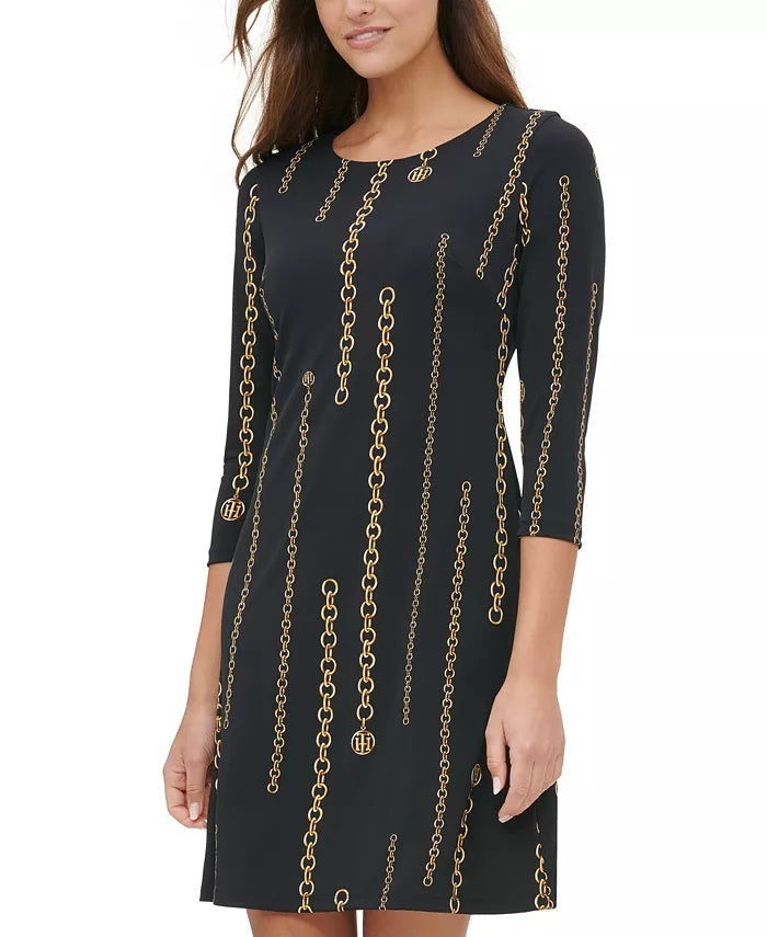Tommy Hilfiger Women's Chain-Print Jersey Dress Gray Size 2