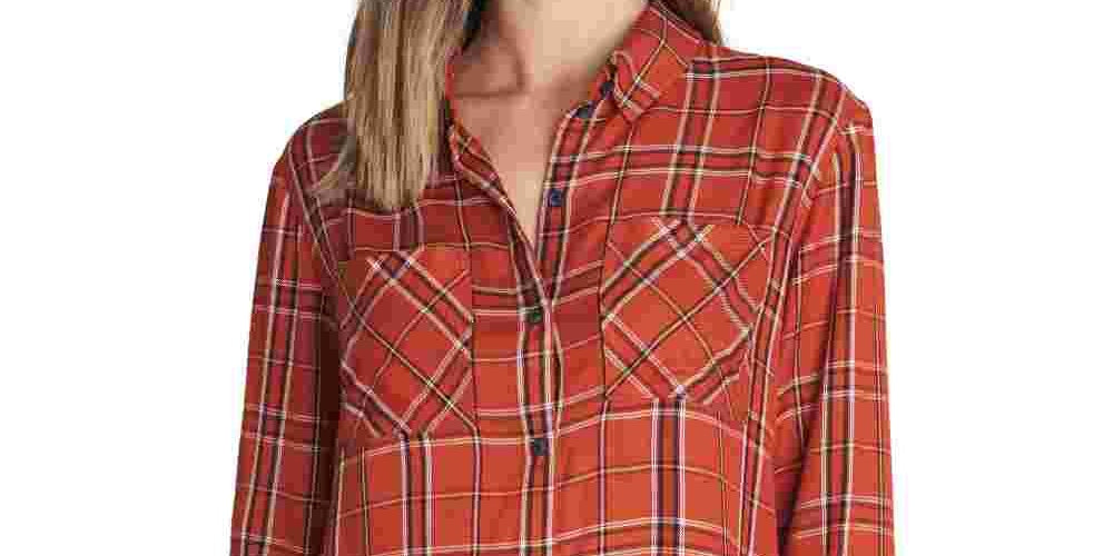 Sanctuary Women's Plaid Long Sleeve Collared Button Up Top Orange Size X-Small