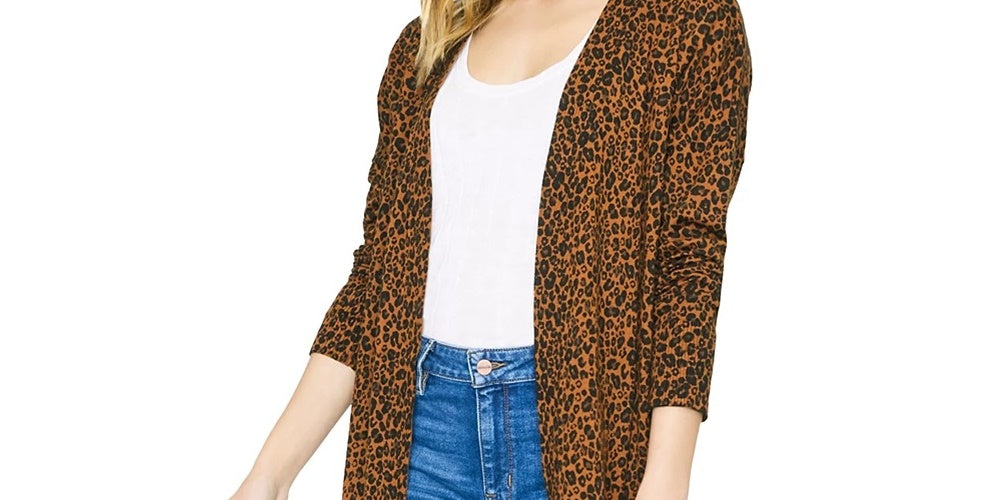 Sanctuary Women's Animal Print Long Sleeve Open Cardigan Sweater Brown Size Small