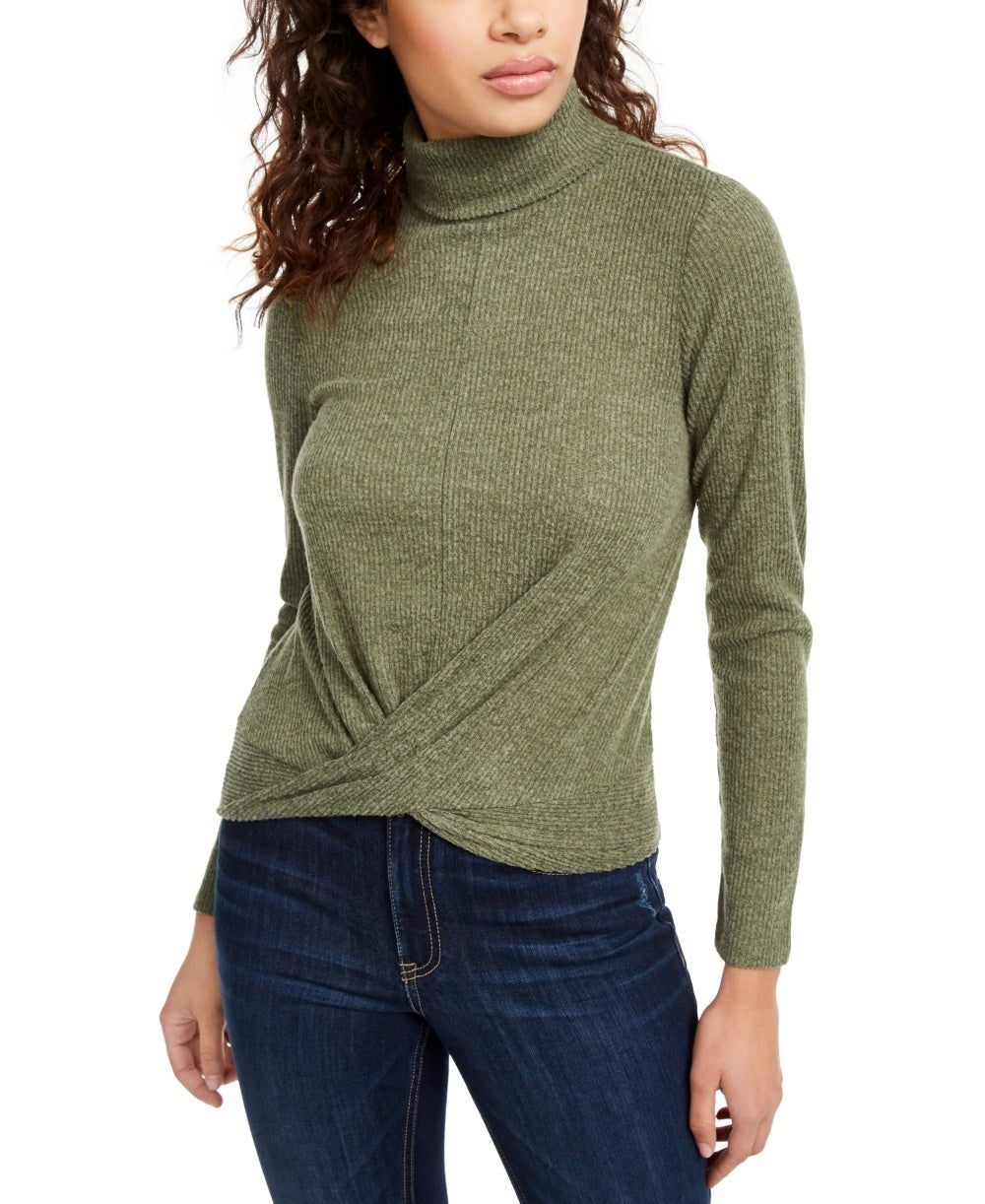 Crave Fame Junior's Cozy Twist Front Turtleneck Top Green Size Large