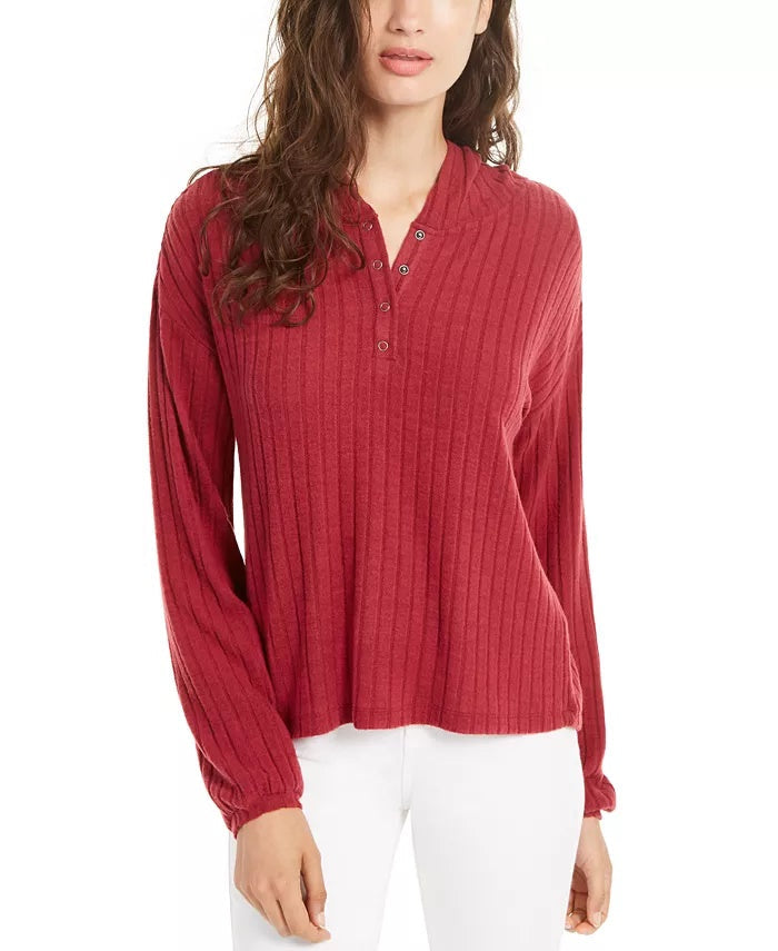 Ultra Flirt Juniors' Ribbed Henley Hoodie Dark Red Size X-Small