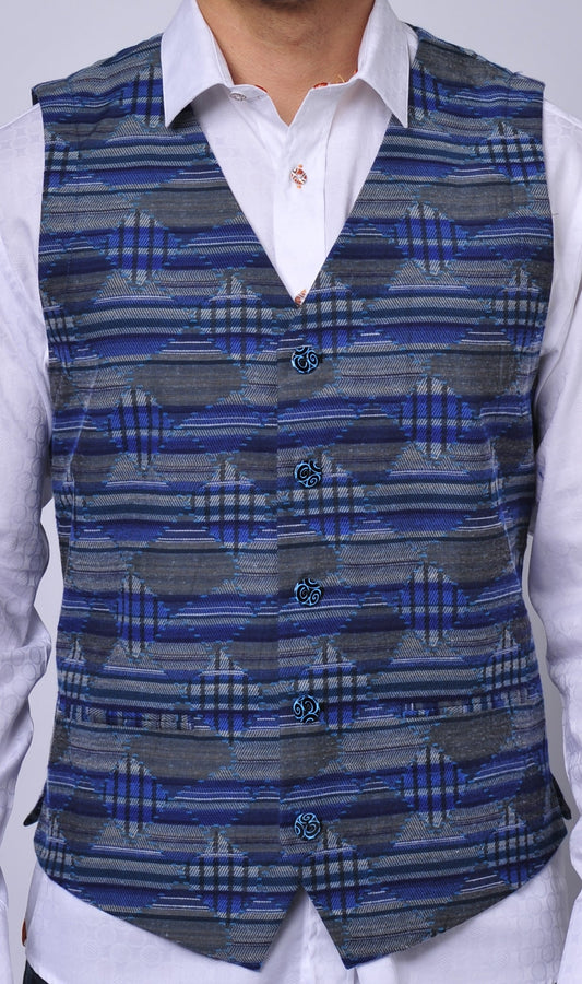 Blue and Navy Vest with Triangular Jacquard Design