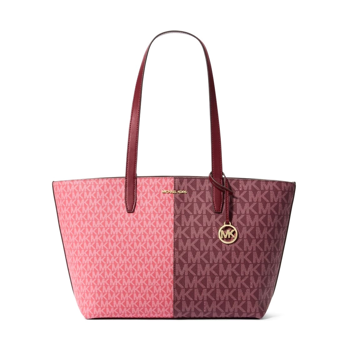 title:Michael Kors Women's Jet Set Travel Logo Print Canvas Medium Zip Top Tote;color:Oxblood Multi