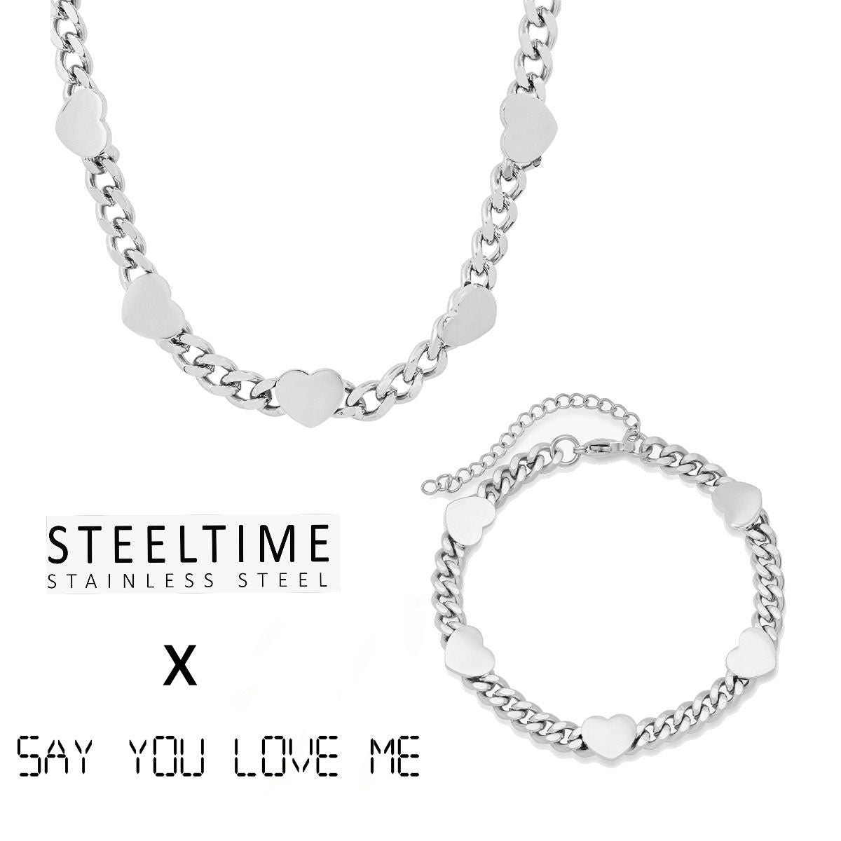 SteelTime SYLM x SteeltimeNYC Cuban Link Hearts Necklace + Bracelet Set