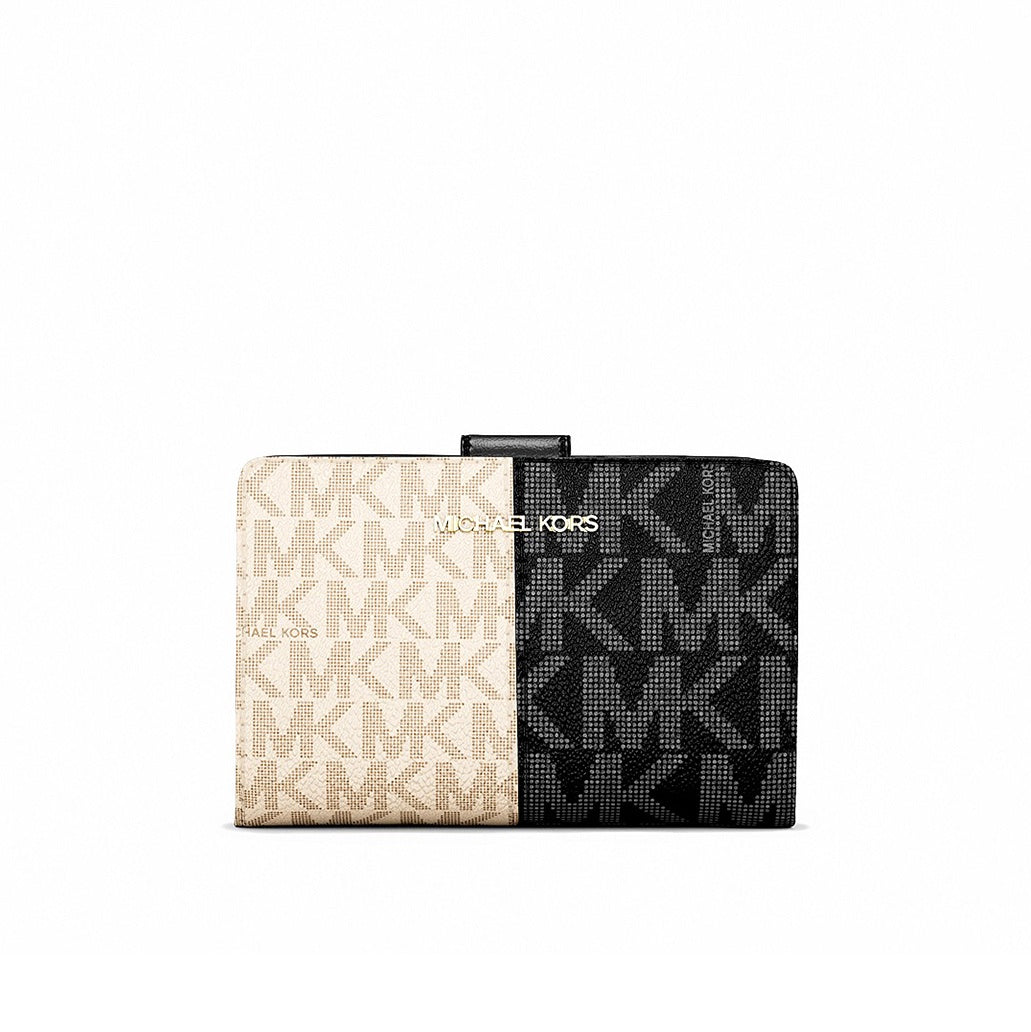 title:Michael Kors Women's Jet Set Travel Medium Bifold Two-Tone Logo Wallet;color:Black Multi