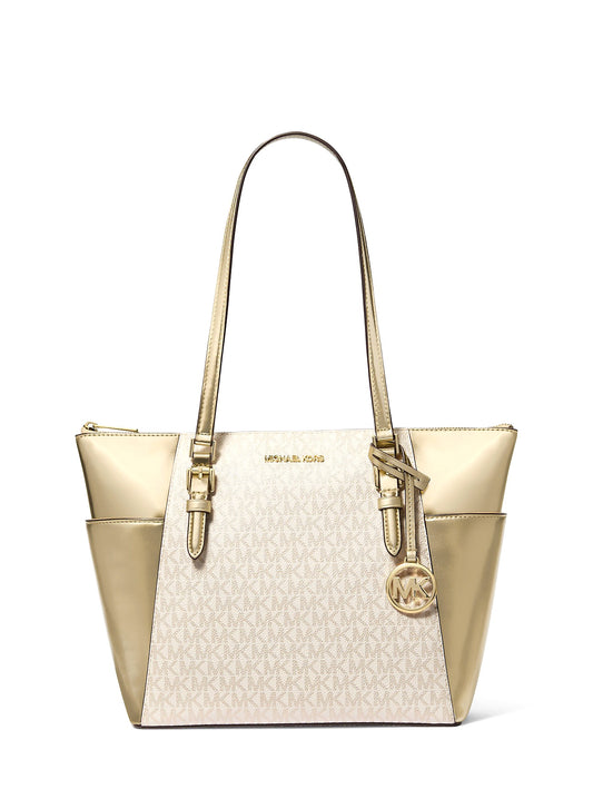 title:Michael Kors Women's Charlotte Large Signature Logo and Metallic Top-Zip Tote Bag;color:Pale Gold