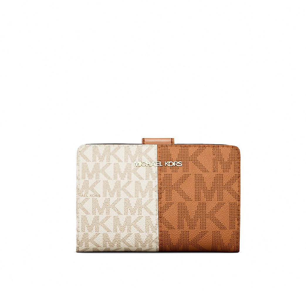 title:Michael Kors Women's Jet Set Travel Medium Bifold Two-Tone Logo Wallet;color:Deer Multi