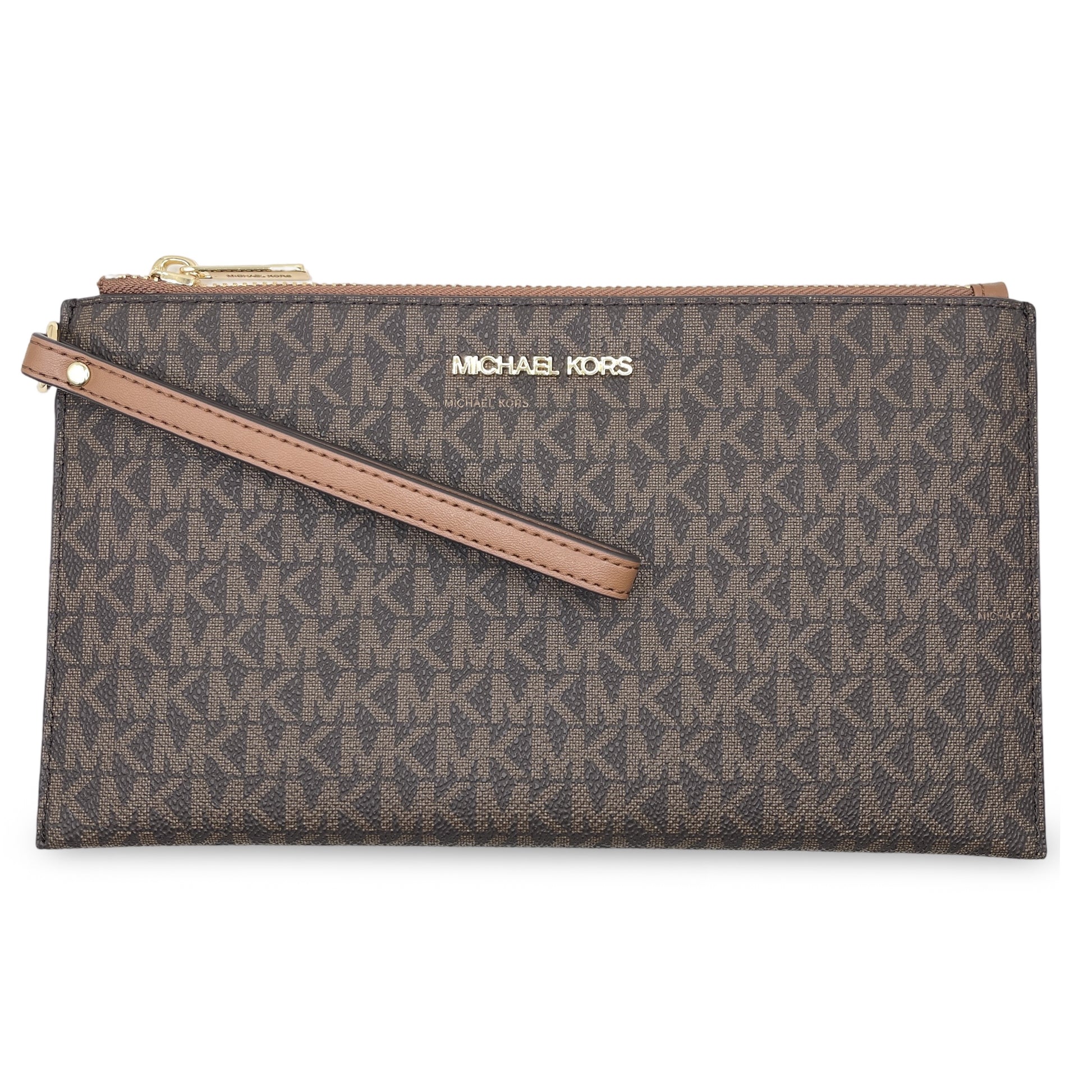 title:Michael Kors Women's Jet Set Travel Large Logo Print Canvas Top Zip Wristlet Pouch;color:Brown