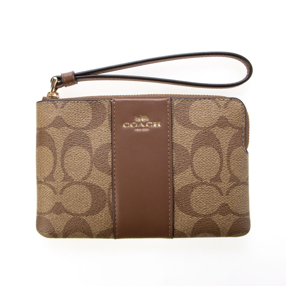 title:Coach Women's Corner Zip Wristlet In Signature Canvas;color:Khaki / Saddle