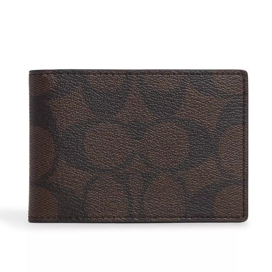 title:Coach Men's Compact Billfold Wallet In Signature Canvas;color:Mahogany / Black