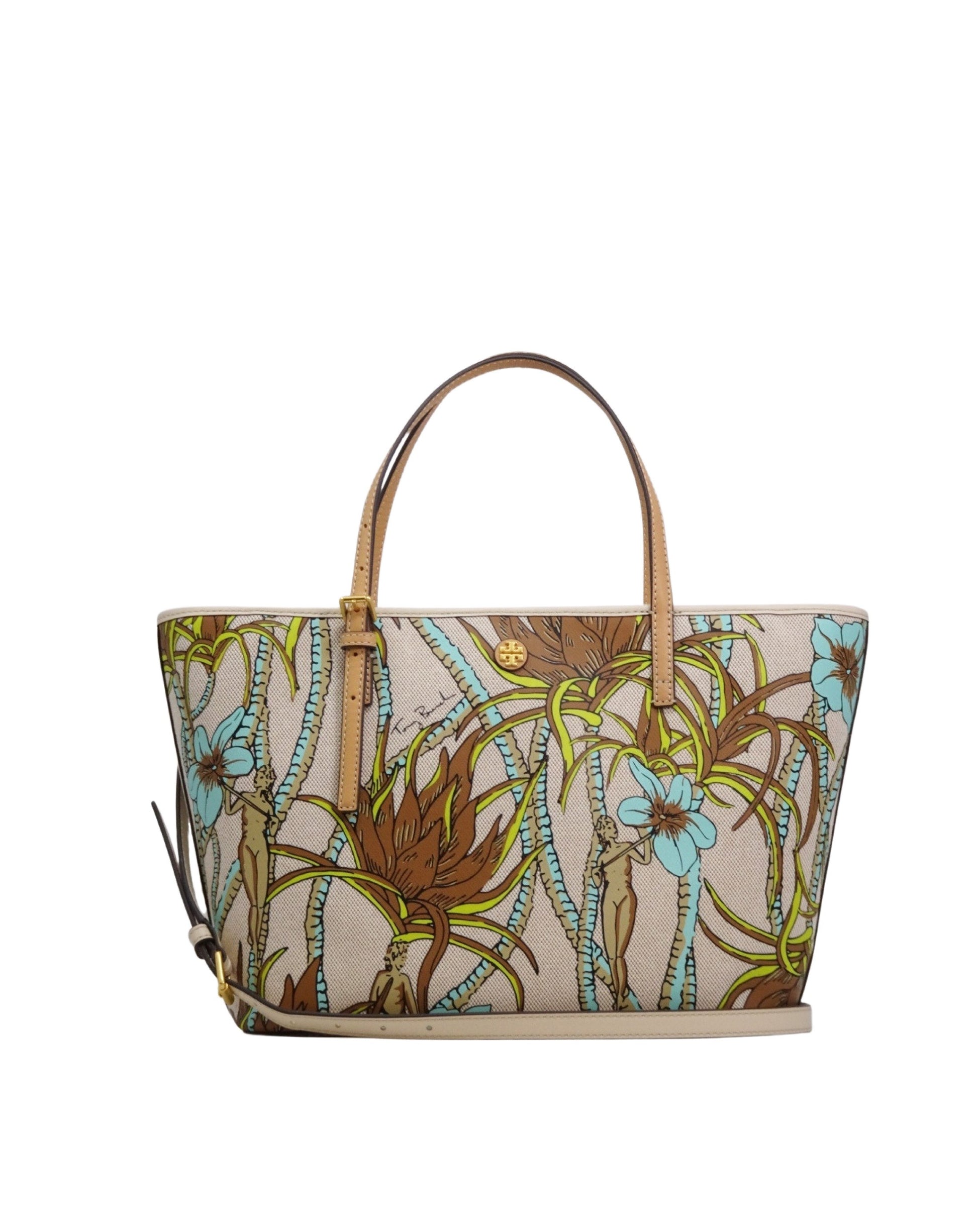 title:Tory Burch Cream Brown Climbing Palms Emerson Printed Canvas Small Tote;color:Cream Brown Climbing Palms