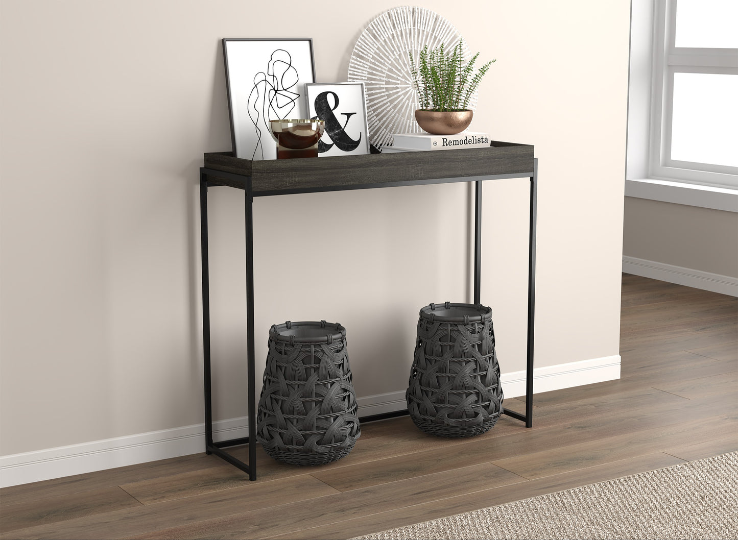 Safdie & Co. Console Table 39.5" Dark Grey Sunken Tray, Entryway or Sofa Table for Living Room